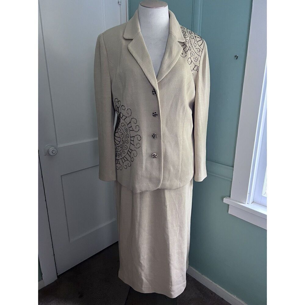 Liorah Womens 18W Champagne Gold Midi Skirt Beaded Jacket Embellished Church